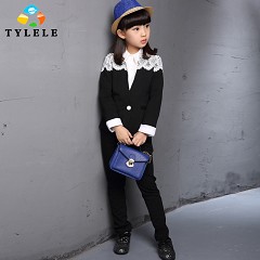 秋季新款爆款女童韩版蕾丝纯色西装两件套套装