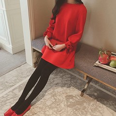 韩范圆领A字长袖连衣裙