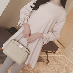 韩范圆领A字长袖连衣裙